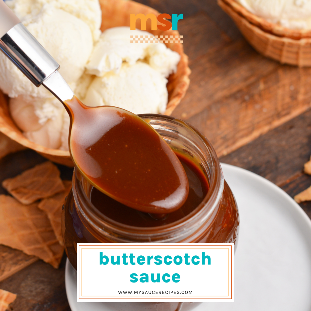 angled shot of spoon dipping into jar of butterscotch sauce with text overlay for facebook