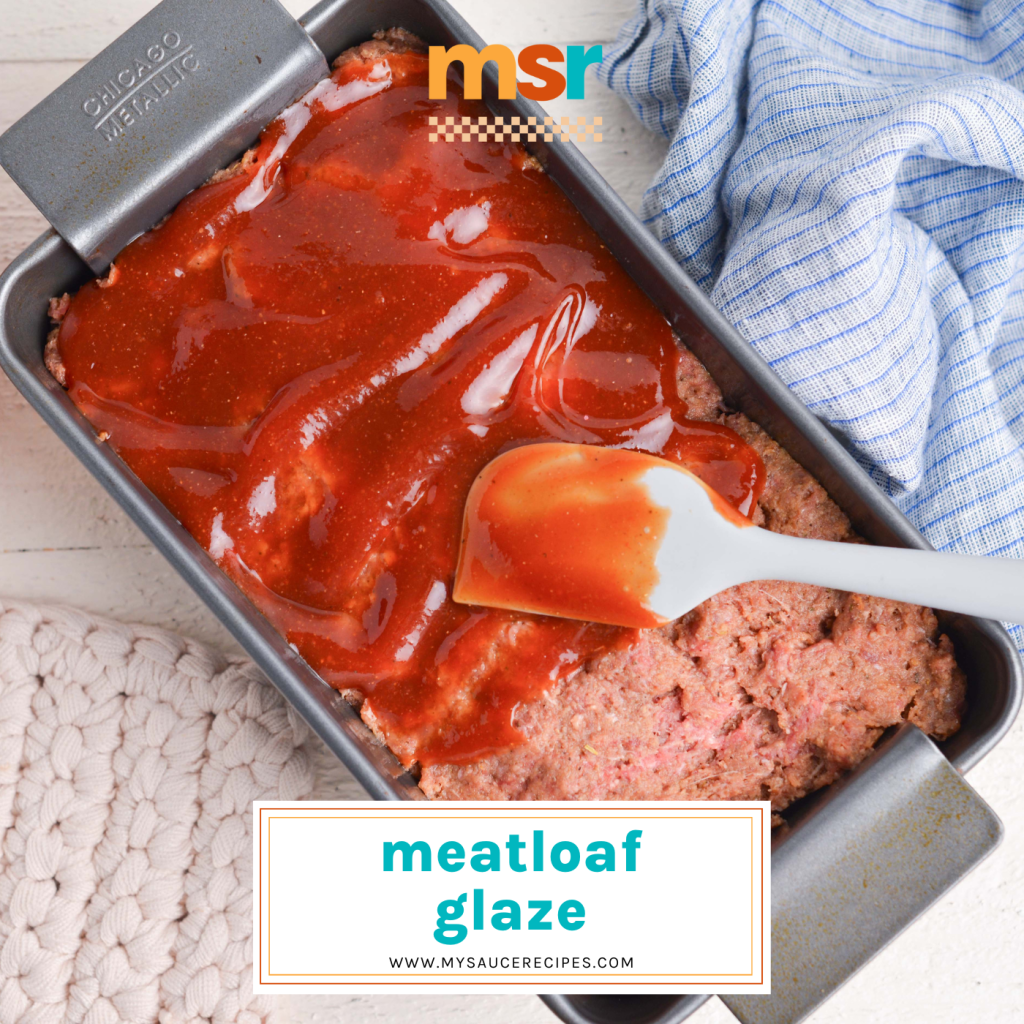 overhead shot of glaze spread over raw meatloaf with text overlay for facebook