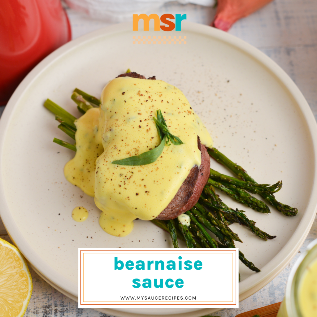 angled shot of bearnaise sauce over steak with text overlay for facebook
