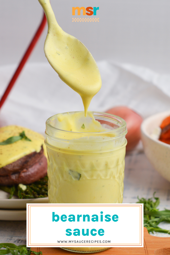 spoon dipping into jar of creamy sauce with text overlay for pinterest
