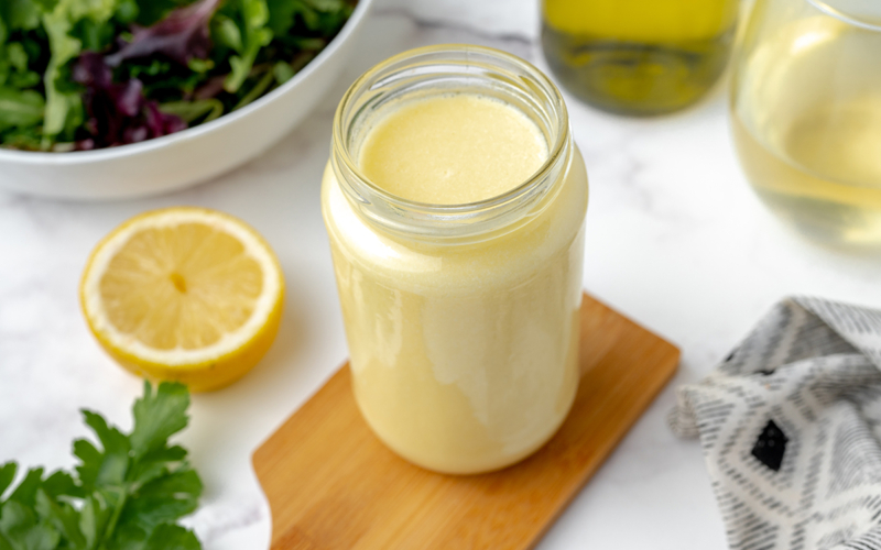 angled shot of jar of beurre blanc sauce