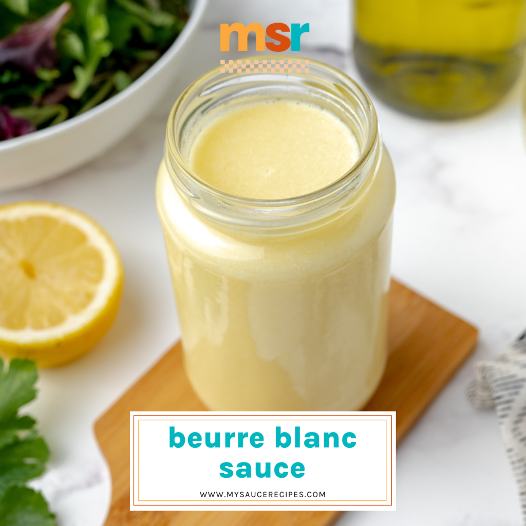 angled shot of jar of beurre blanc sauce with text overlay for facebook