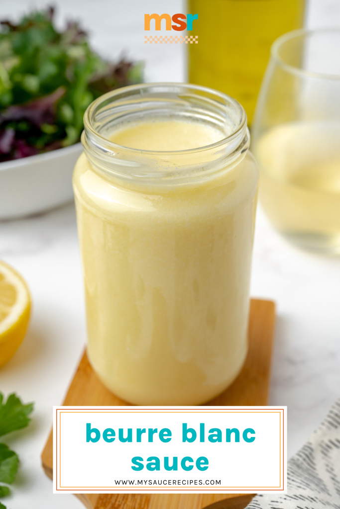 angled shot of jar of beurre blanc sauce with text overlay for pinterest