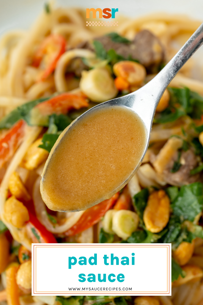 angled shot of spoon of pad thai sauce with text overlay