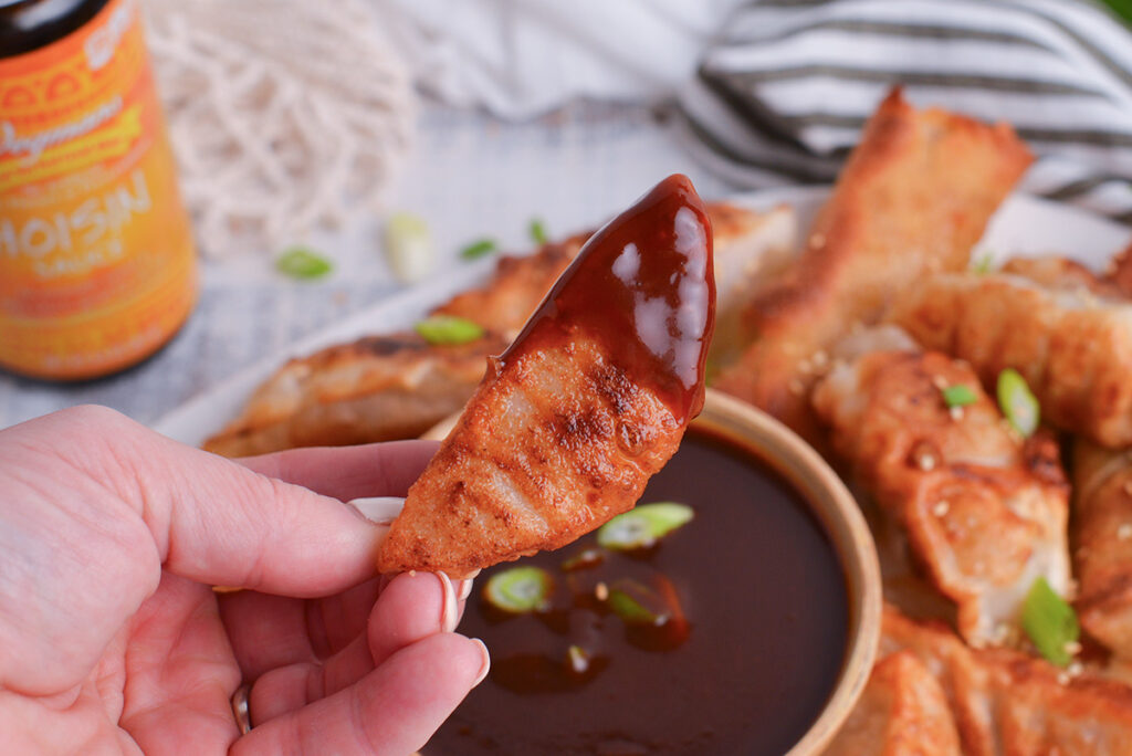 angled shot of hand holding dumpling dipped in sauce