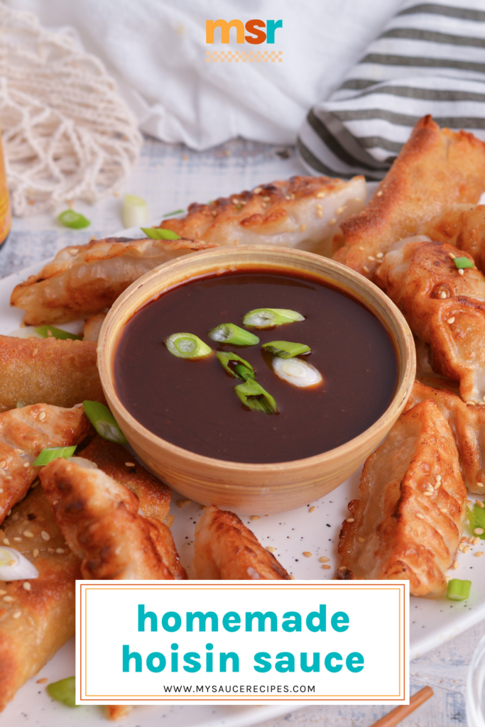 angled shot of bowl of homemade hoisin sauce on plate with dumplings with text overlay