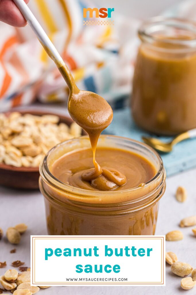 spoon dipping into jar of peanut butter sauce with text overlay