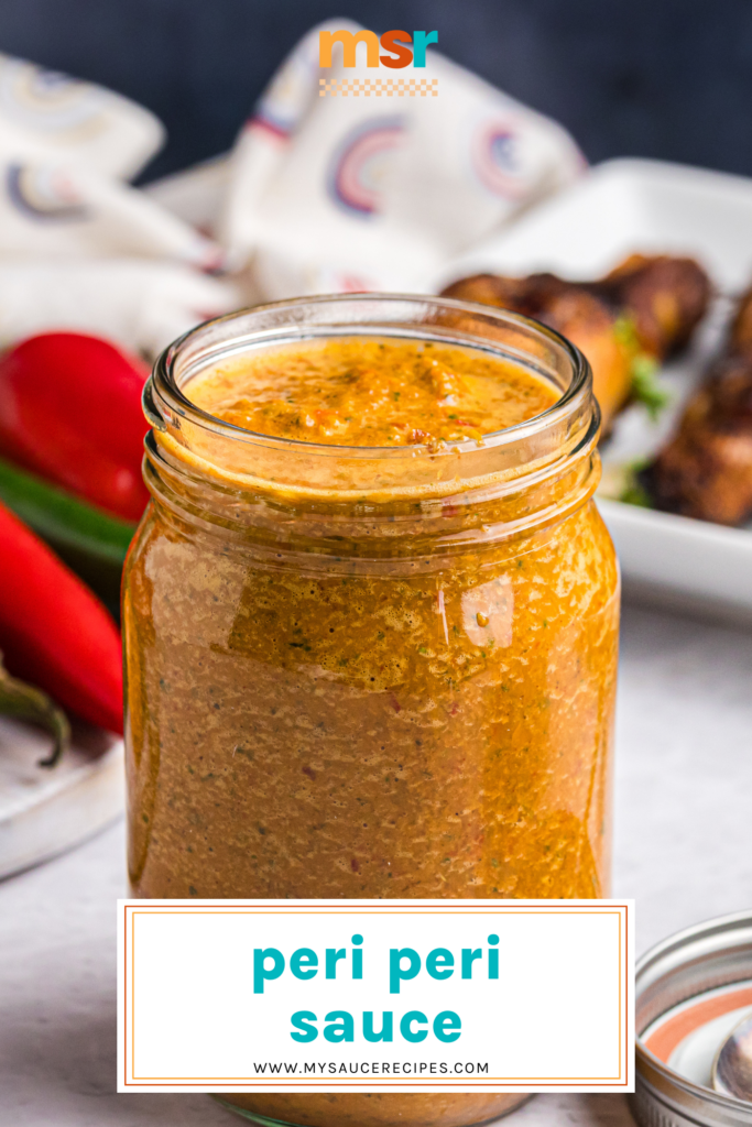 angled shot of jar of peri peri sauce with text overlay