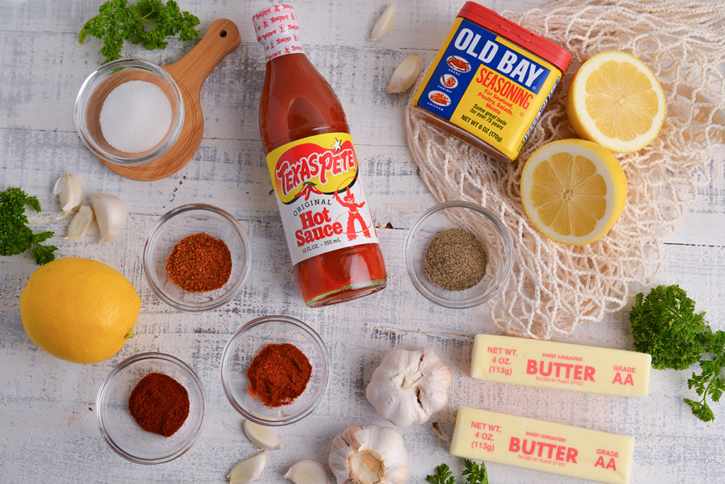 overhead shot of boiling crab sauce ingredients