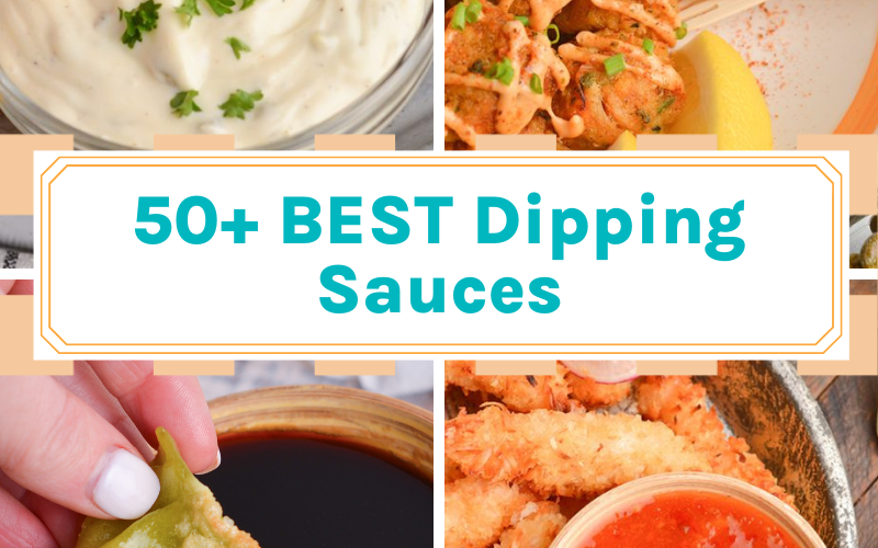 collage of dipping sauces with text overlay