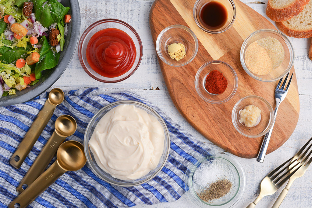 overhead shot of russian dressing ingredients