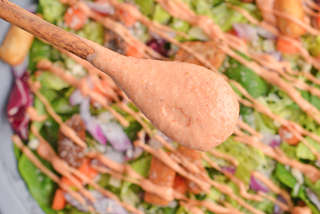 close up of russian dressing on spoon