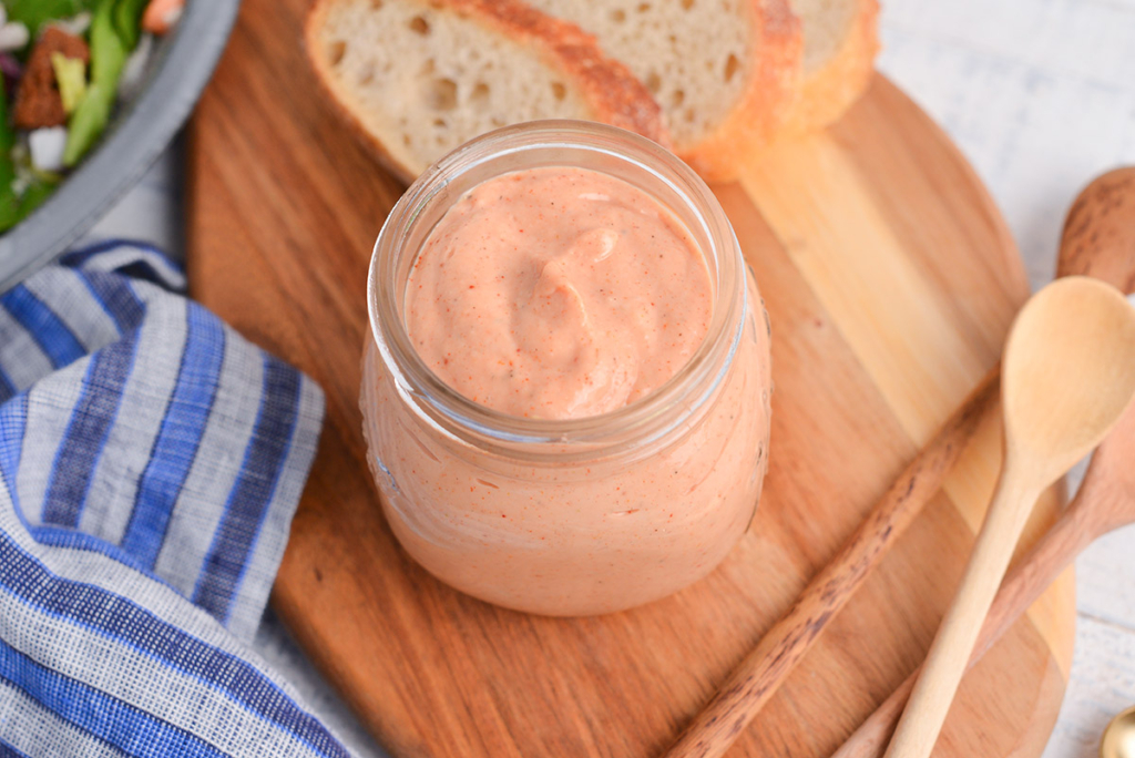 angled shot of jar of russian dressing