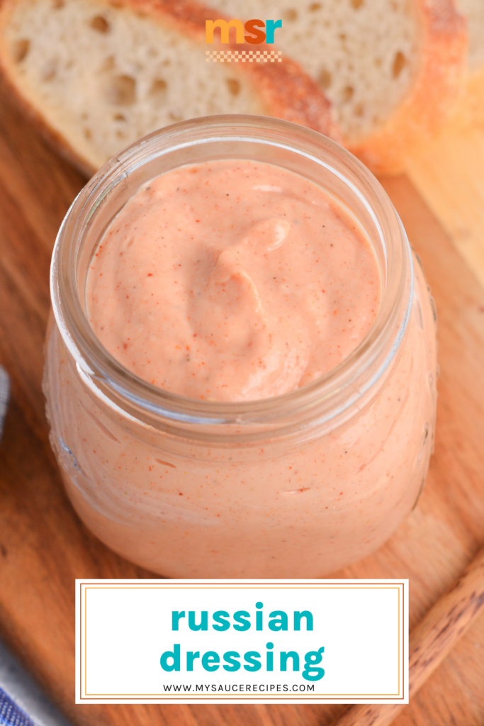 angled shot of jar of russian dressing with text overlay