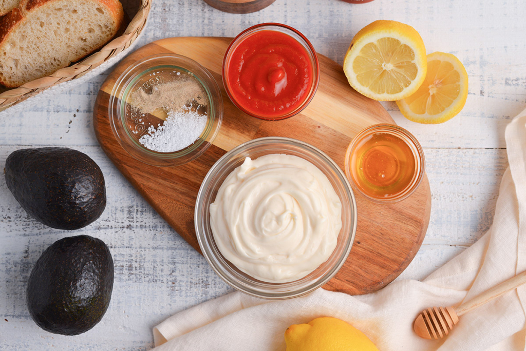 overhead shot of sriracha mayo ingredients