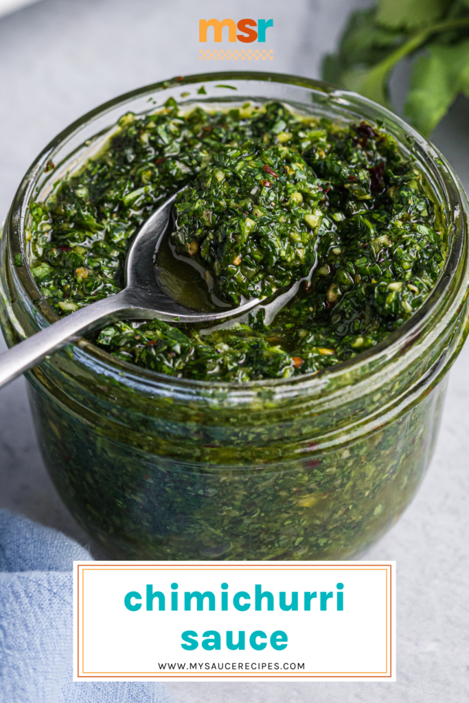 angled shot of spoon in jar of chimichurri with text overlay