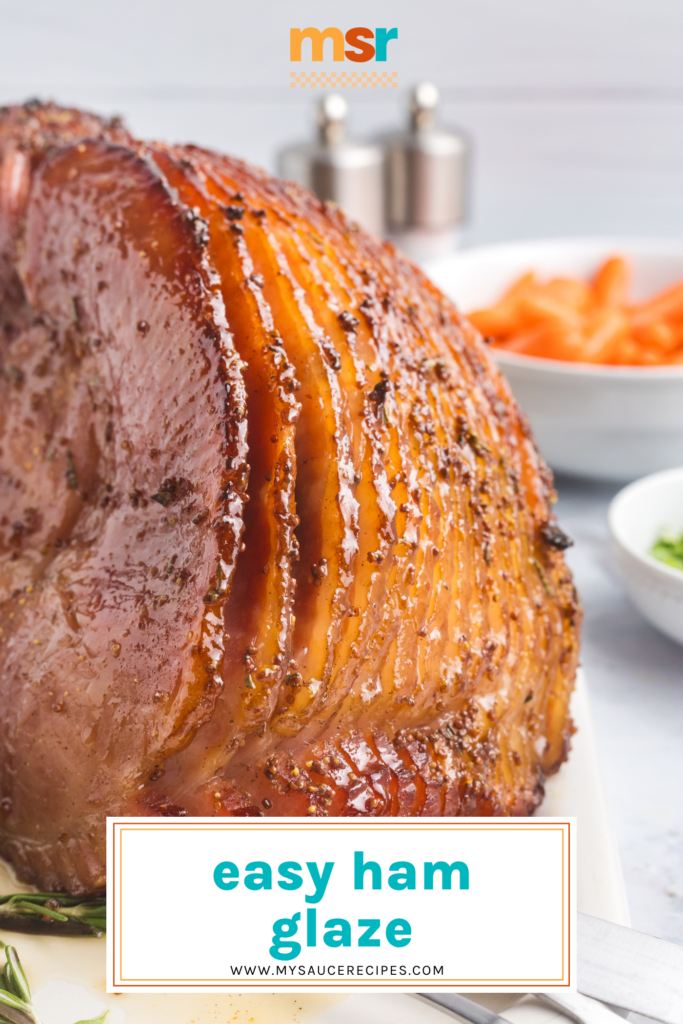 angled shot of ham glaze on ham with text overlay