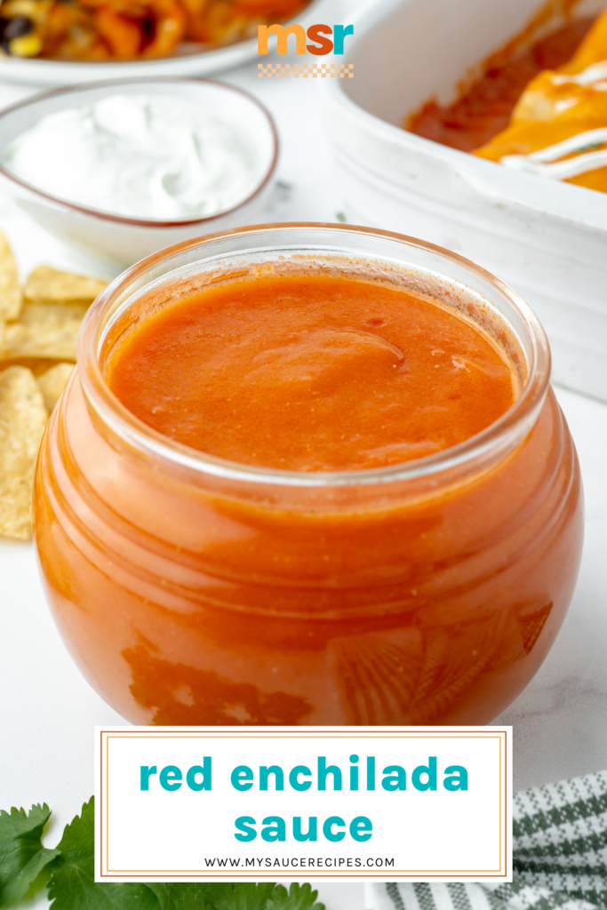 angled shot of jar of red enchilada sauce with text overlay