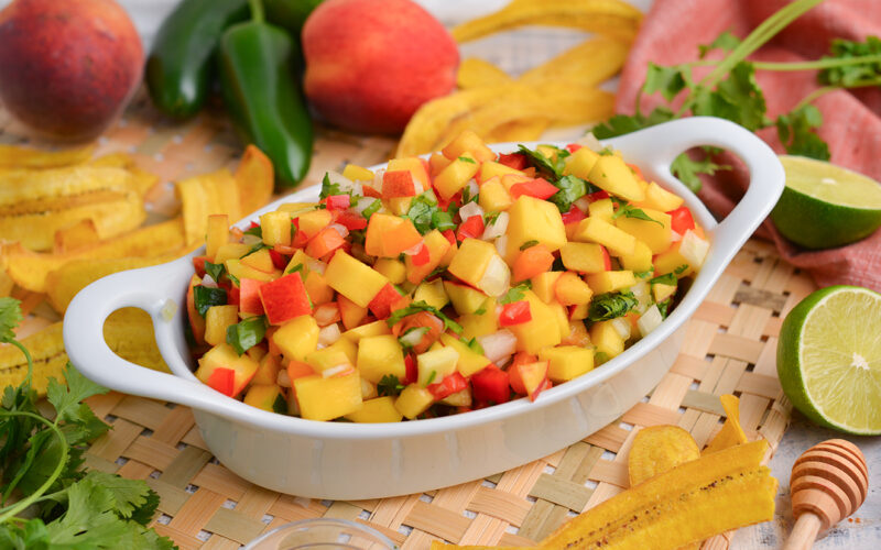 angled shot of dish of sweet and savory salsa