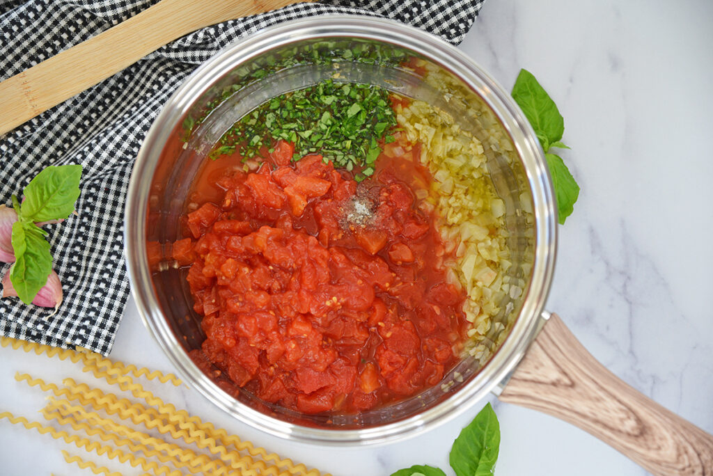 overhead shot of pomodoro ingredients in pan