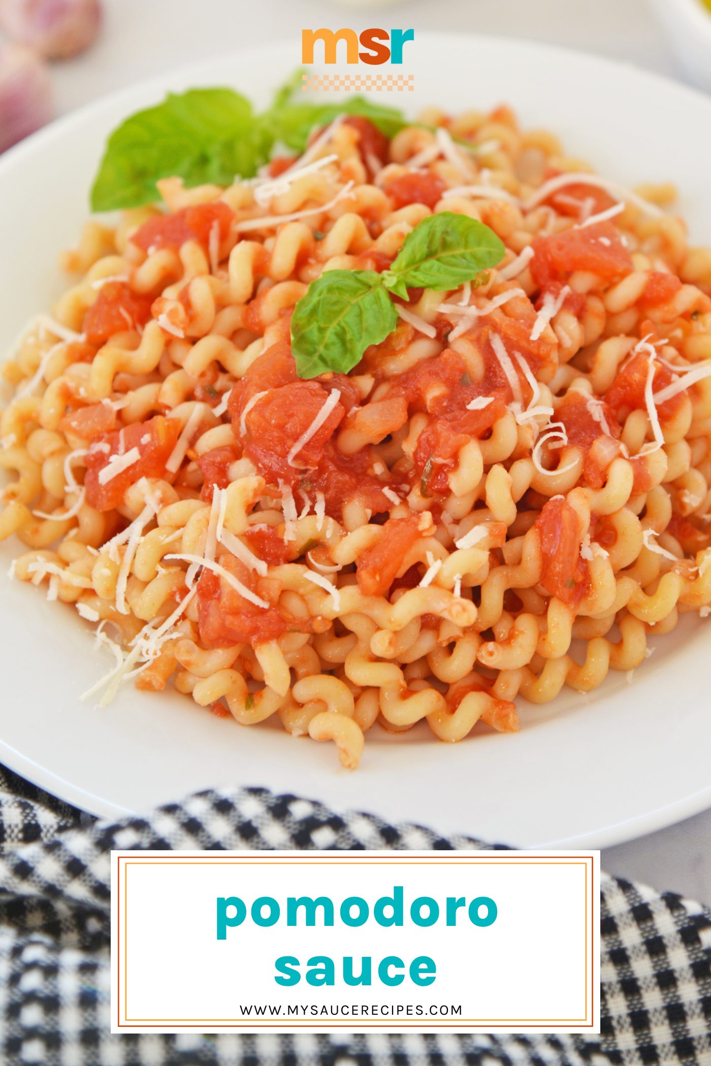 angled shot of bowl of pasta with pomodoro sauce with text overlay