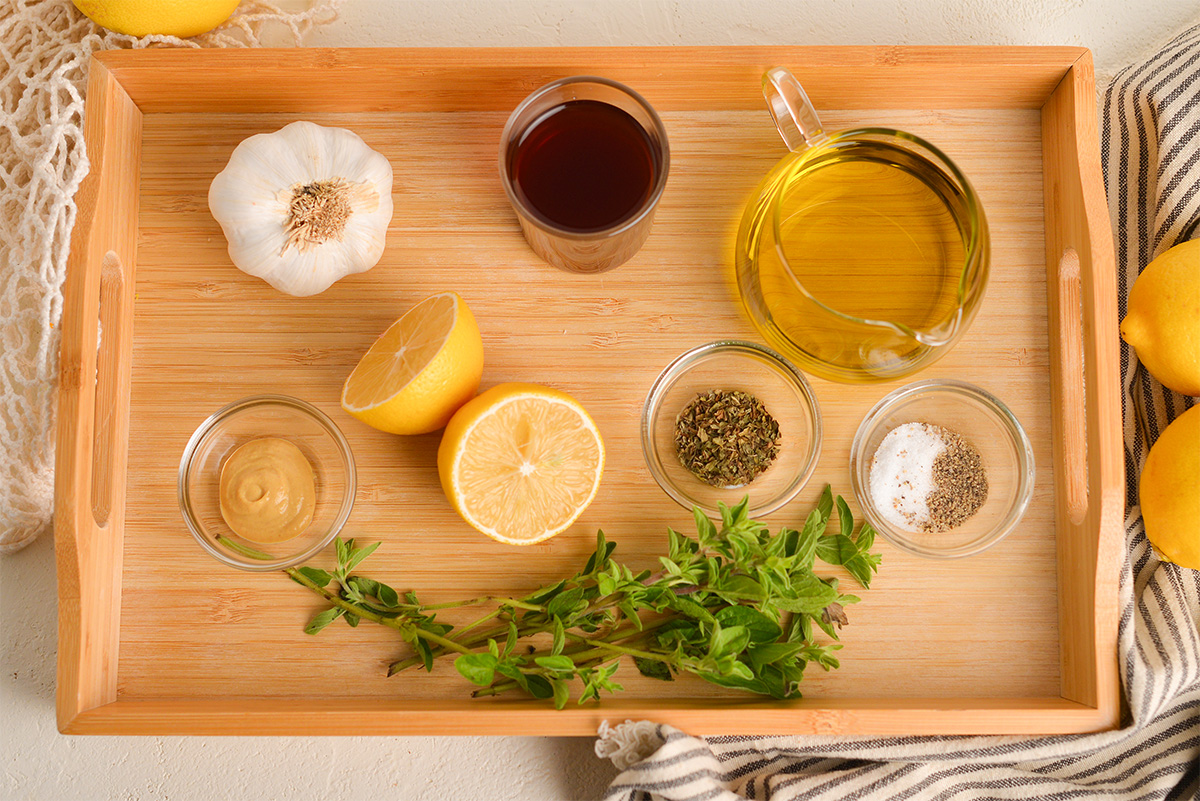 overhead shot of greek vinaigrette salad dressing ingredients