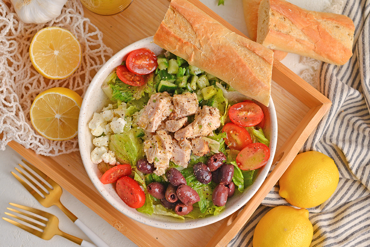 overhead shot of bowl of greek salad