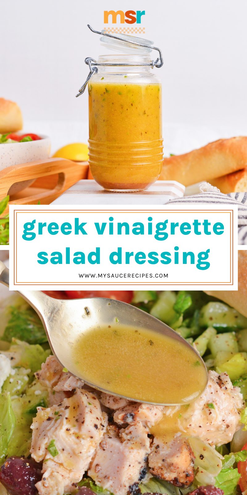 collage of greek vinaigrette salad dressing