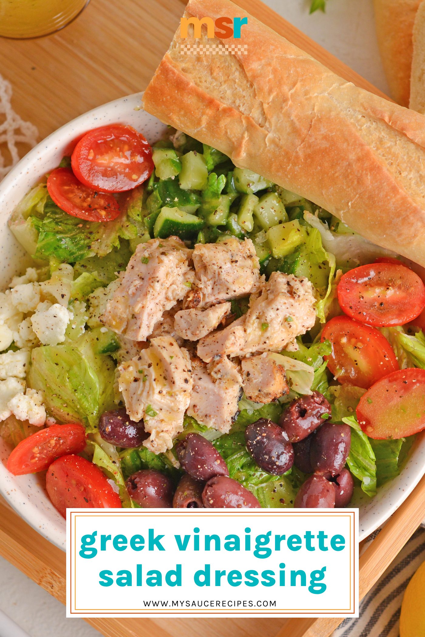 overhead shot of bowl of greek salad with text overlay