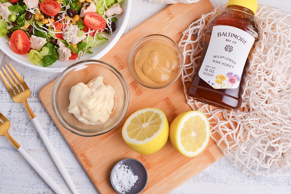 overhead shot of honey mustard dressing ingredients