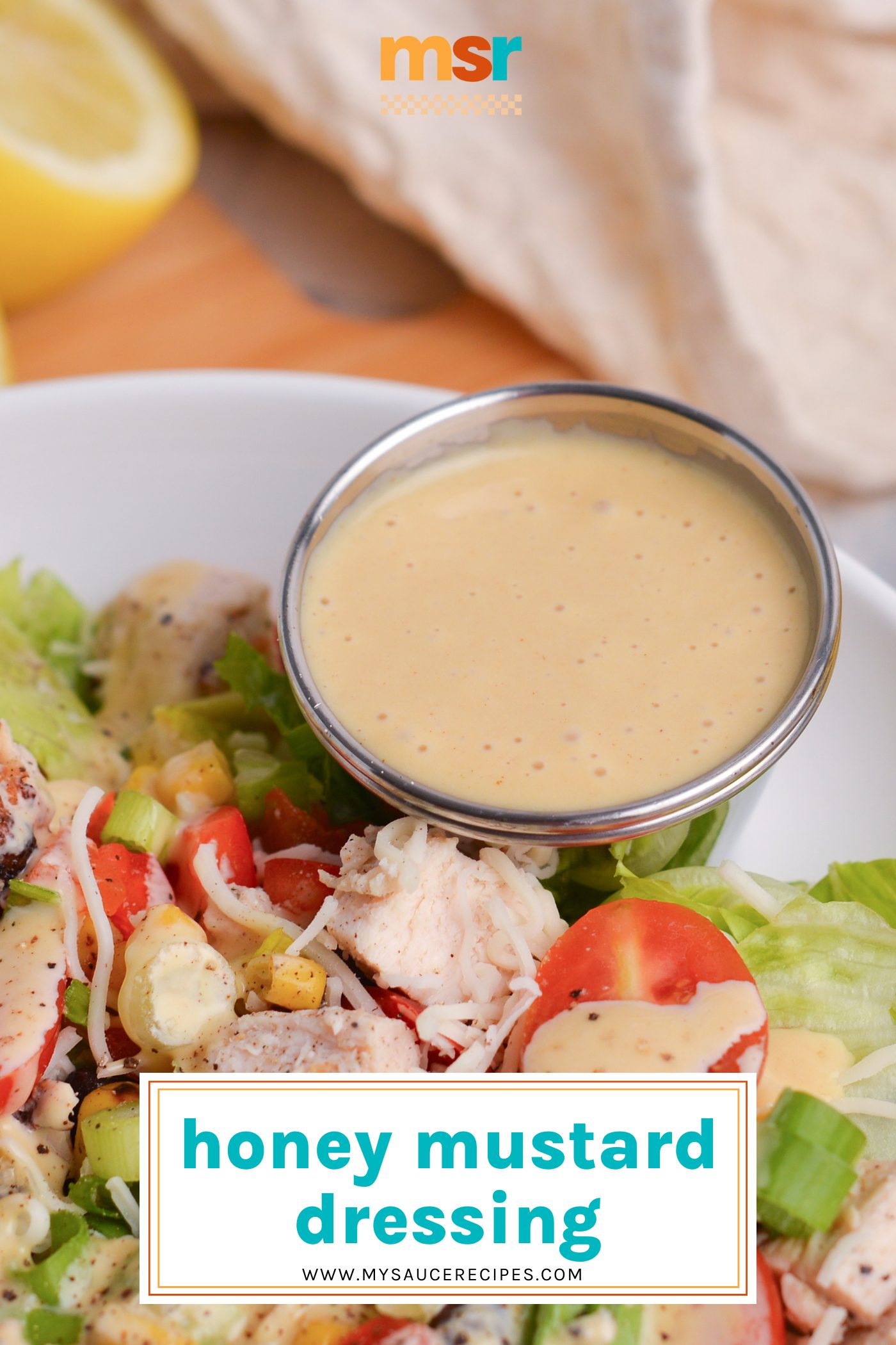 angled shot of ramekin of honey mustard dressing with text overlay