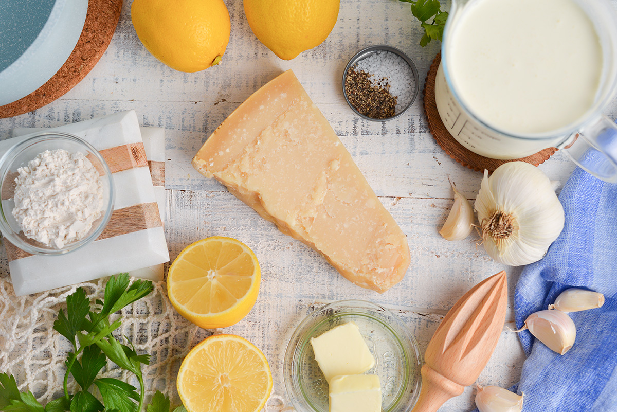 overhead shot of lemon garlic cream sauce ingredients