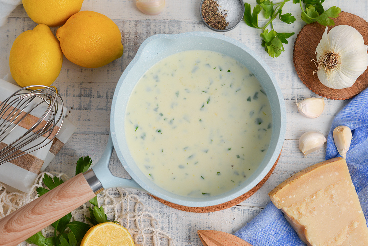 overhead shot of creamy sauce in pan