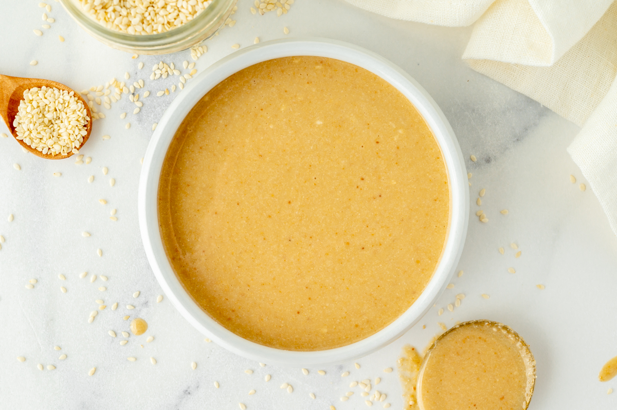 overhead shot of bowl of tahini