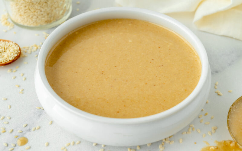 angled shot of bowl of tahini