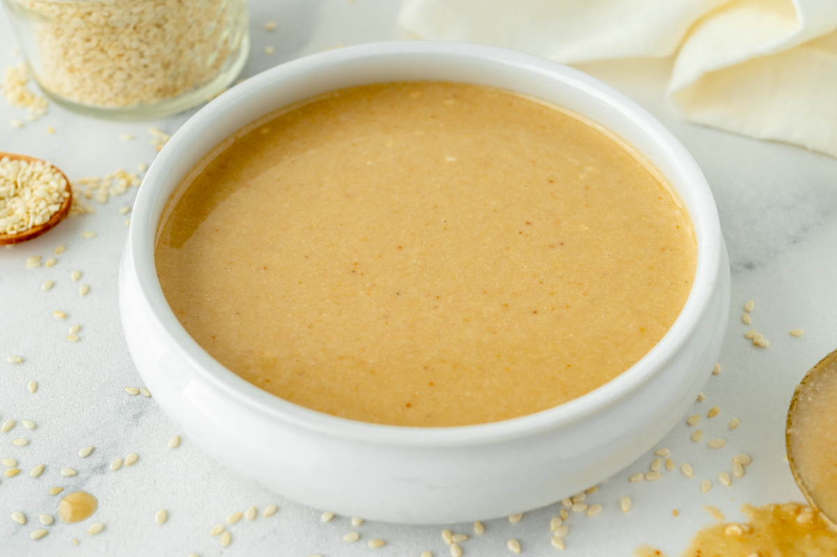 angled shot of bowl of tahini