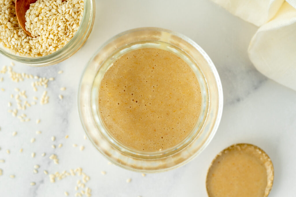 overhead shot of jar of tahini