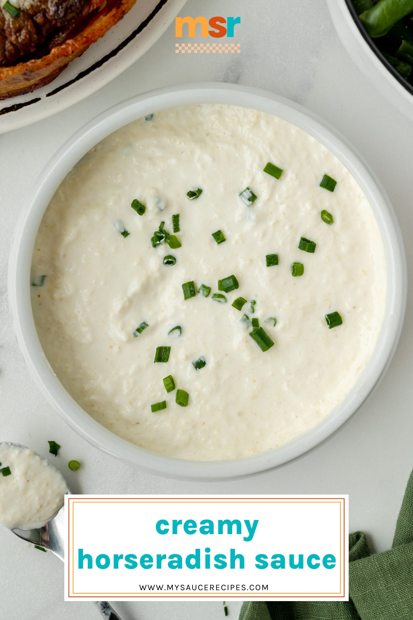 overhead of creamy horseradish sauce with chives