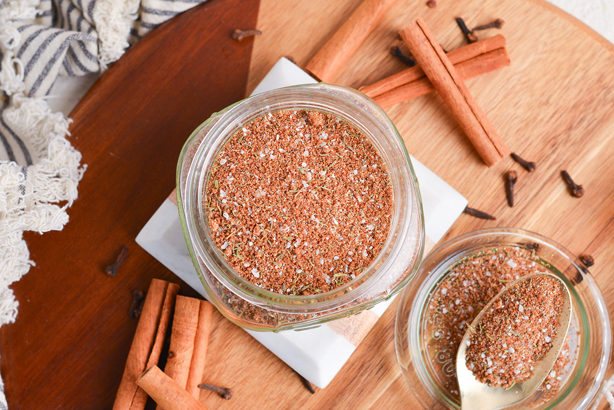 overhead shot of jar of jerk seasoning