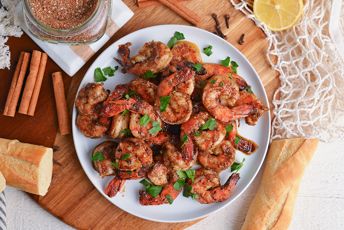 overhead shot of plate of jerk shrimp