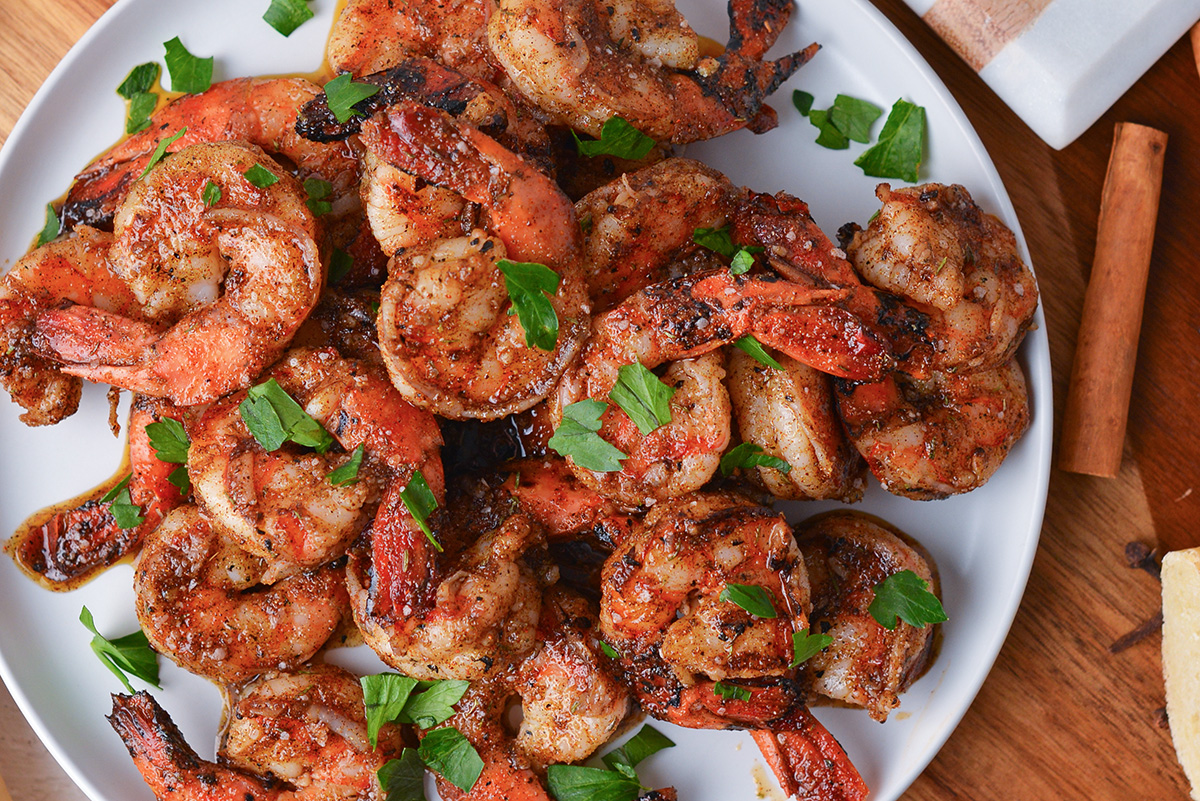 close up overhead shot of jerk shrimp