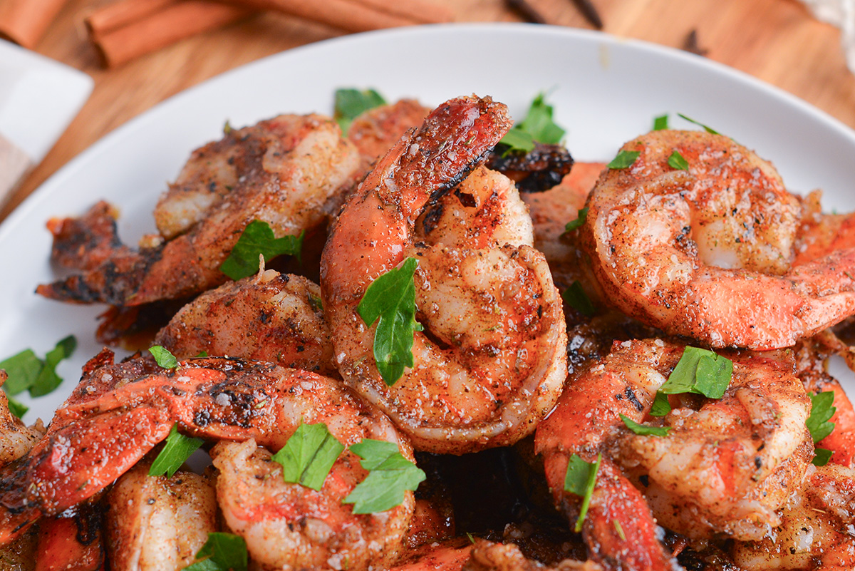 close up angled shot of jerk shrimp