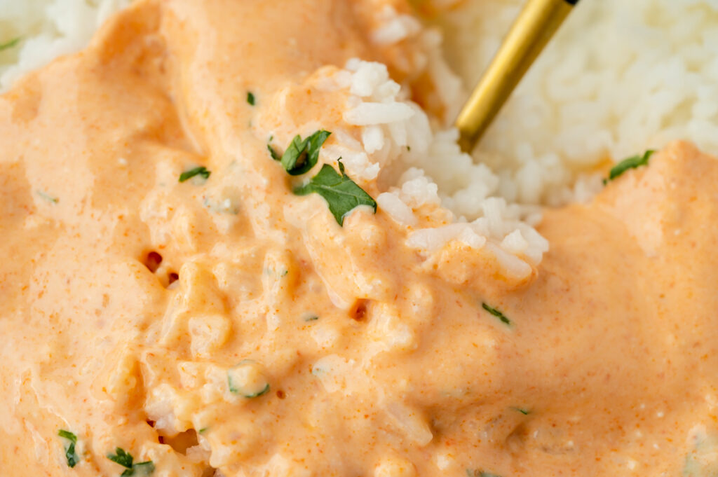 close up of red curry sauce over rice