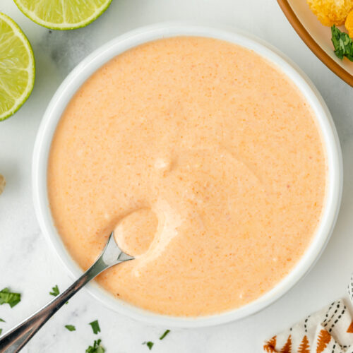 overhead shot of spoon in bowl of sauce