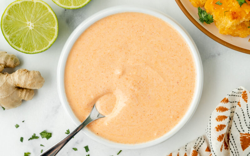 overhead shot of spoon in bowl of sauce