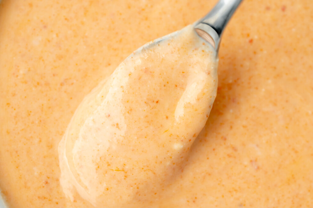 close up shot of spoon in bowl of sauce