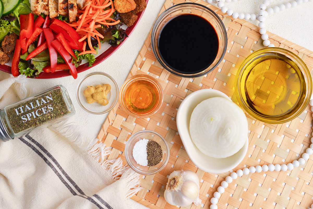 overhead shot of balsamic dressing ingredients