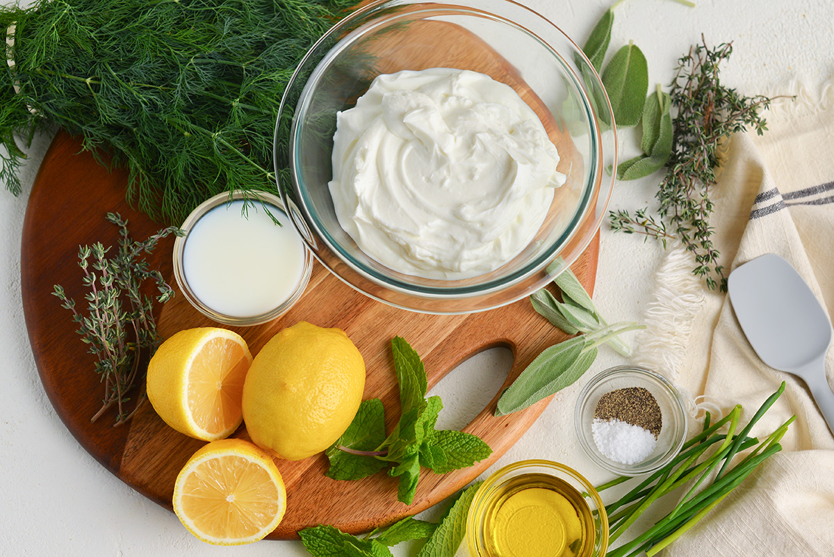 overhead shot of creamy greek dressing ingredients