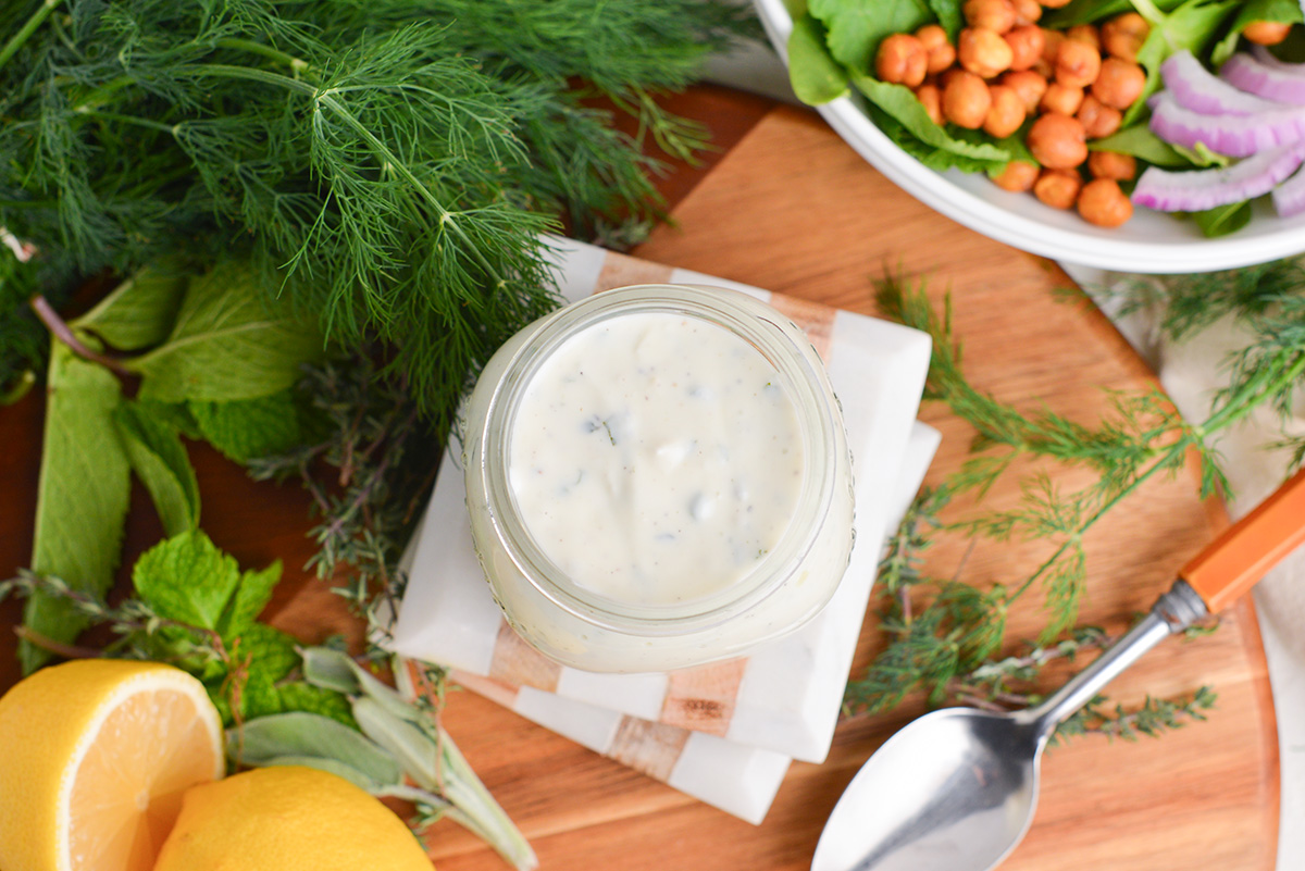 overhead shot of jar of creamy greek dressing