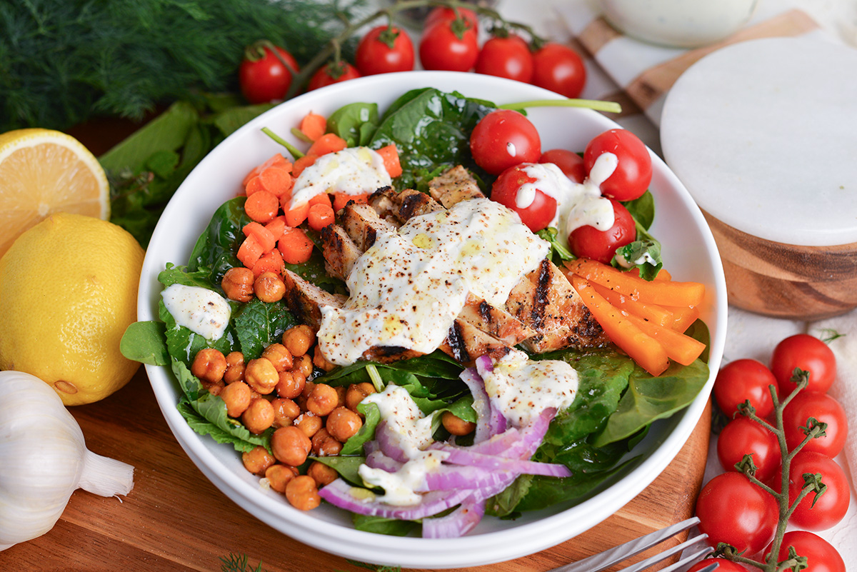 creamy dressing over grilled chicken salad